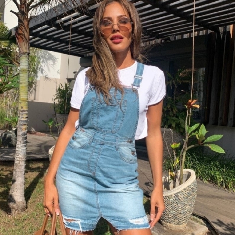 Do It In Denim Distressed Hem Pinafore Dress